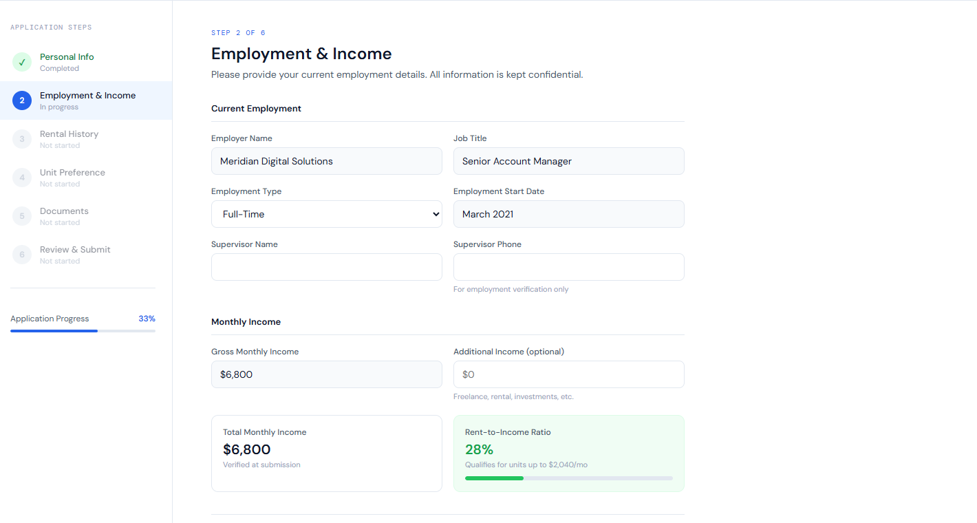 Tenant intake application form